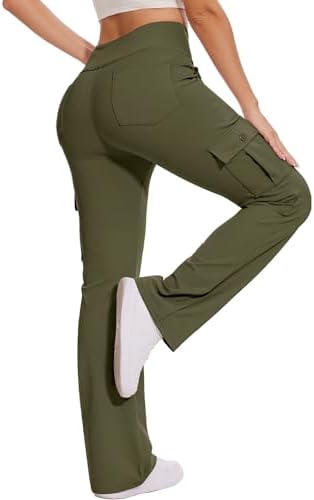Fleece Lined Cargo Flare Leggings with 6 Pockets in Army Green