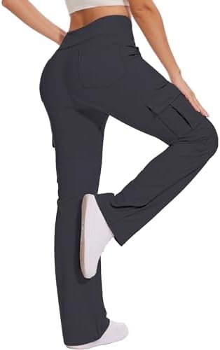 Fleece Lined Cargo Flare Leggings with 6 Pockets in Dark Gray