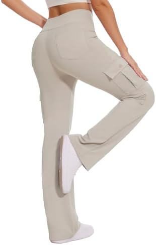 Fleece Lined Cargo Flare Leggings with 6 Pockets in Khaki