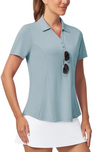 No-Tuck Peplum Polo V-Neck in Misty Blue