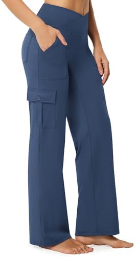 Wide Leg Cargo Pants with 6 Pockets in Denim Blue